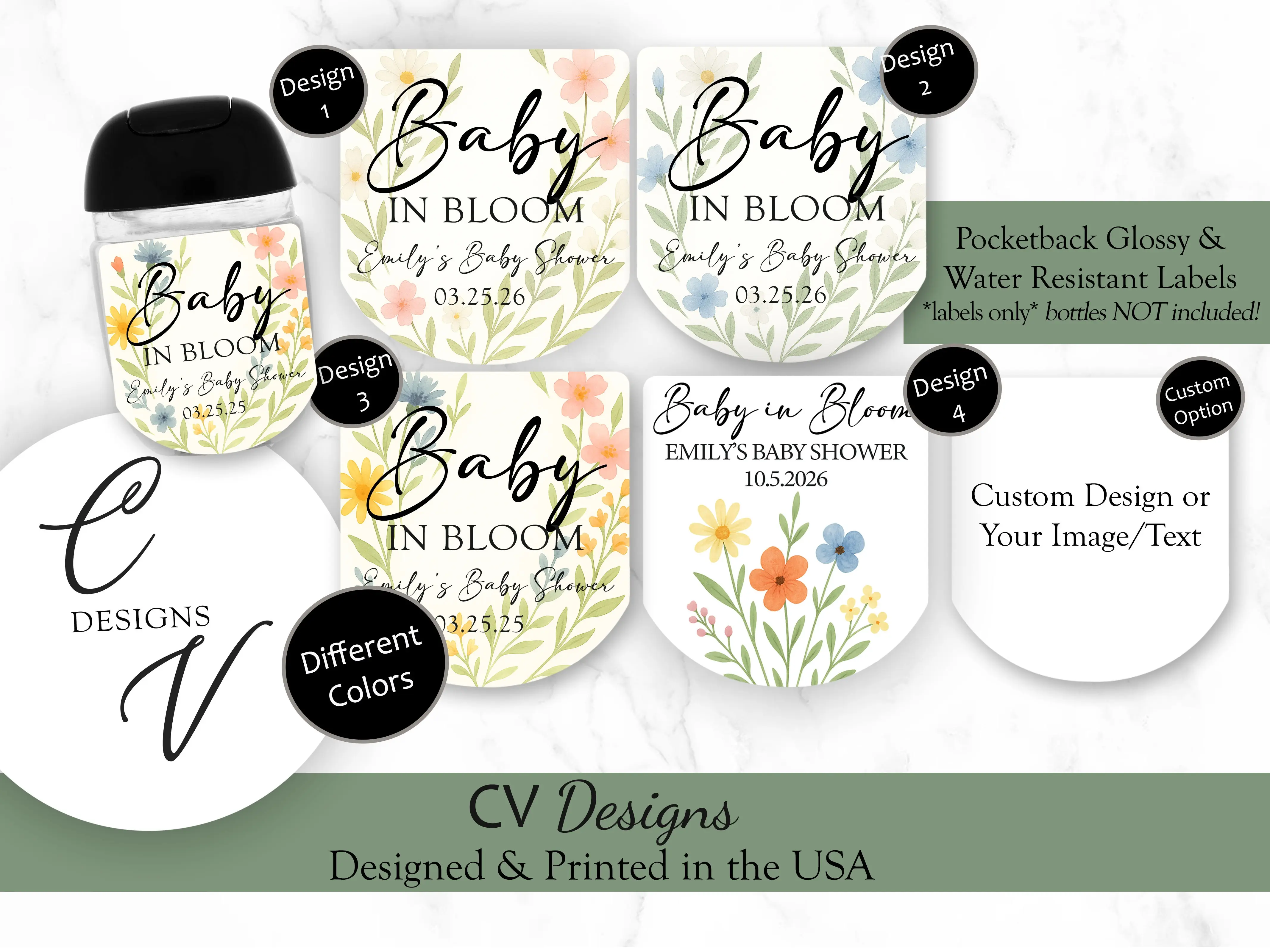 Baby in Bloom Hand Sanitizer Stickers, Baby in Bloom Mini Hand Sanitizer Labels, Baby in Bloom