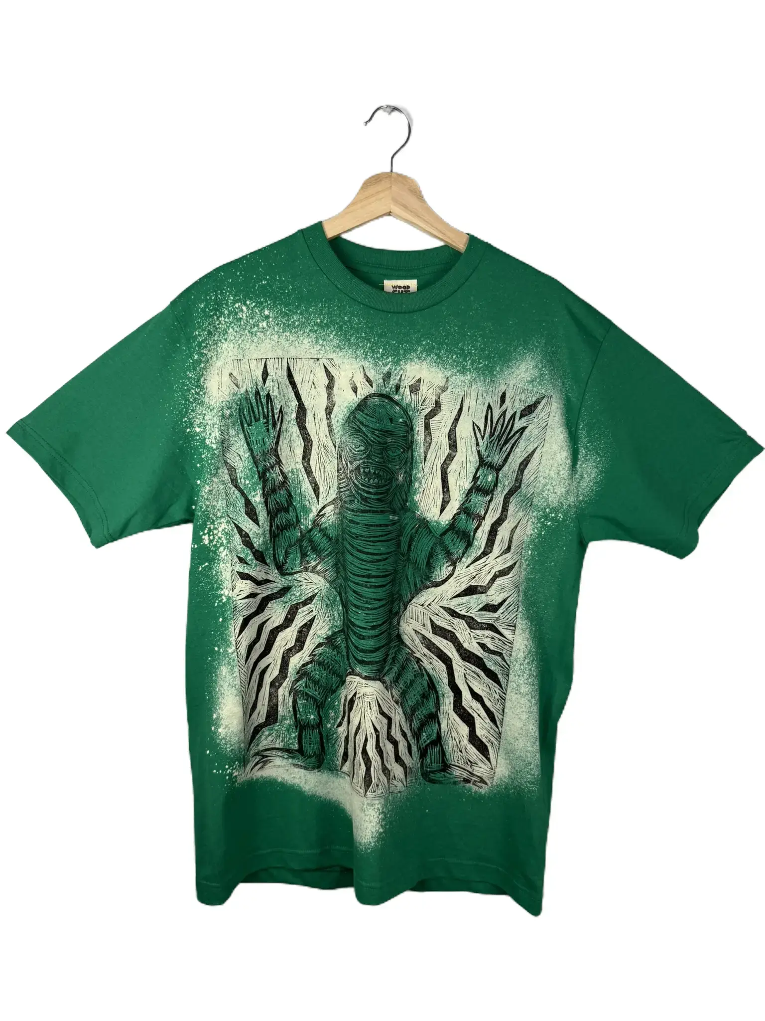 Men's Woodcut Print T-Shirt with Hand-Printed Bleached Creature Graphic, Green 100% Cotton Crew Neck, Casual Loose Fit Streetwear, None