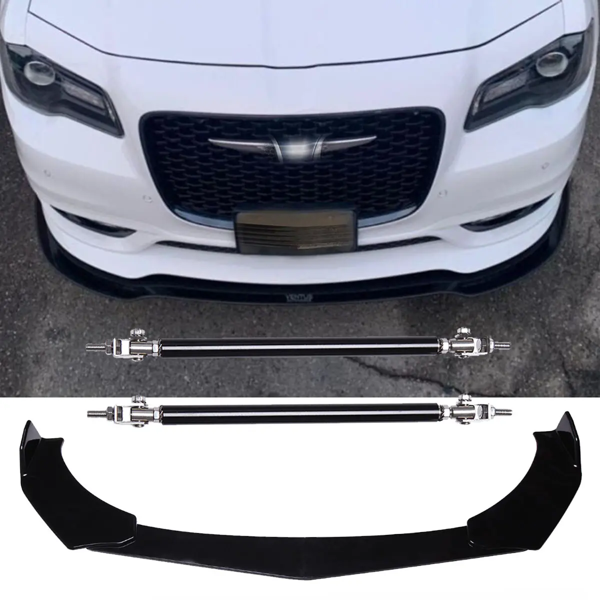 Automotive Front Lip Chin Bumper Body Kit - ABS Plastic Sporty Spoiler with Sporty Look for Chrysler 300 S SRT8, 2 Strut Splitter Rods, Stainless Steel Correct Connector, No Cutting/Splicing, Great Quality Car Exterior Accessory