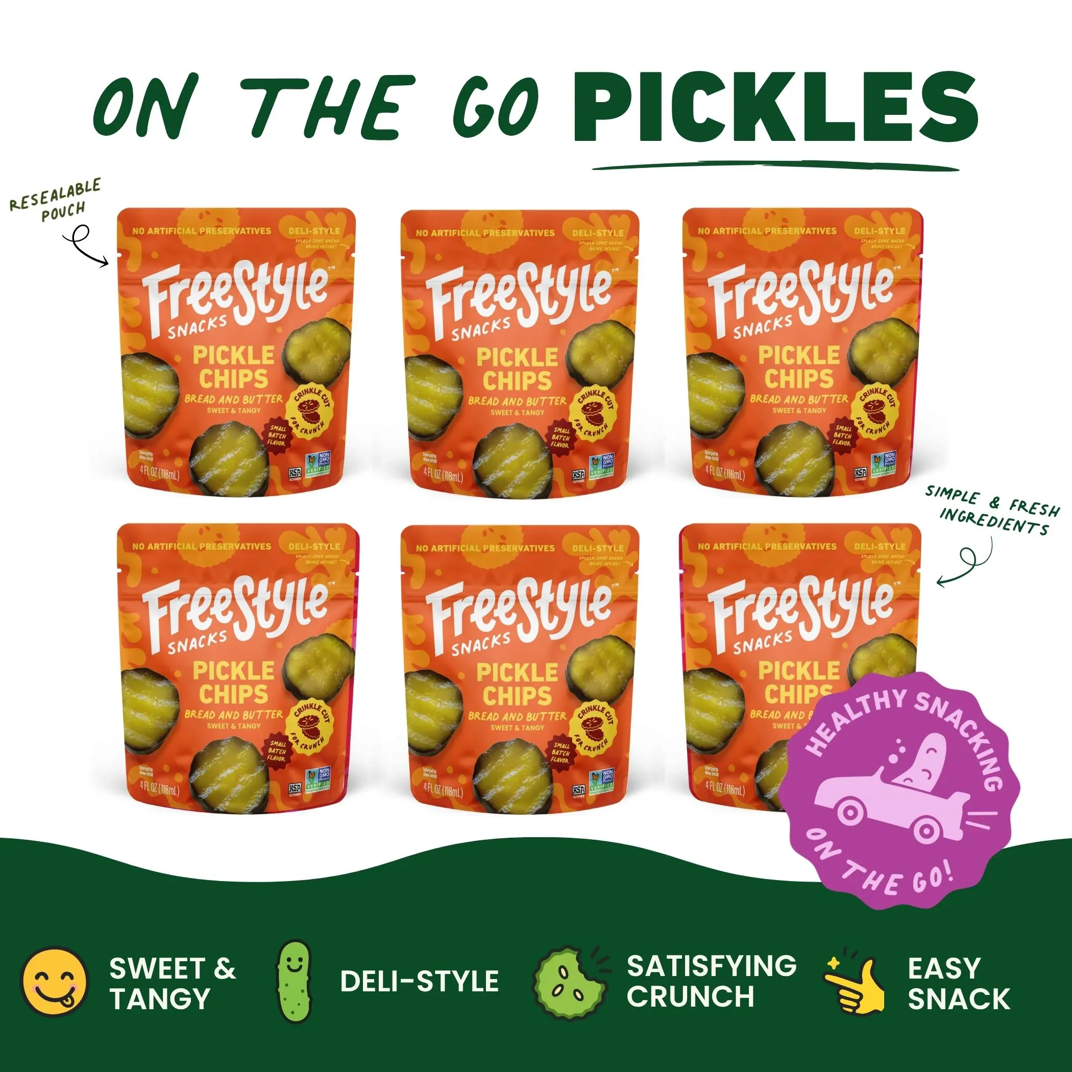 Freestyle Snacks Bread and Butter Pickle Chips - Crunchy Crisps Made with Fresh Cucumbers, Low-Sugar Quick Snack Option