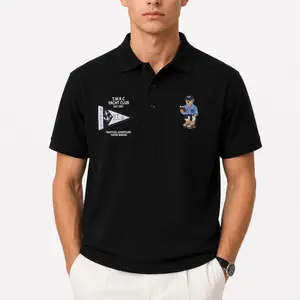 Nautical Teddy Bear Graphic Polo for Men T.W.R.C Yacht Club Pennant Print & Preppy Teddy Bear Emblem Classic Collared Neckline Breathable Fabric Casual Streetwear Top