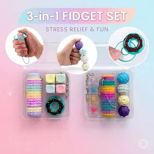 3-IN-one Stress Toy Set, Colorfule Fidget Keyboard & Spiky Grippie Stim Keychain Stress ReliefSensory Toy for Student Office Worker Easter Gift