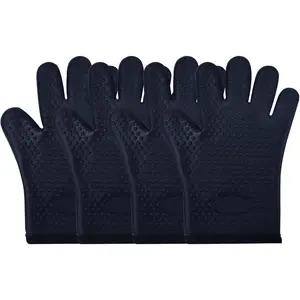 Heat,2 Pair Non-Slip Five-Finger Oven Gloves, Waterproof BBQ Grilling Gloves with Loops, Mitts for Baking Cooking Frying (Black)