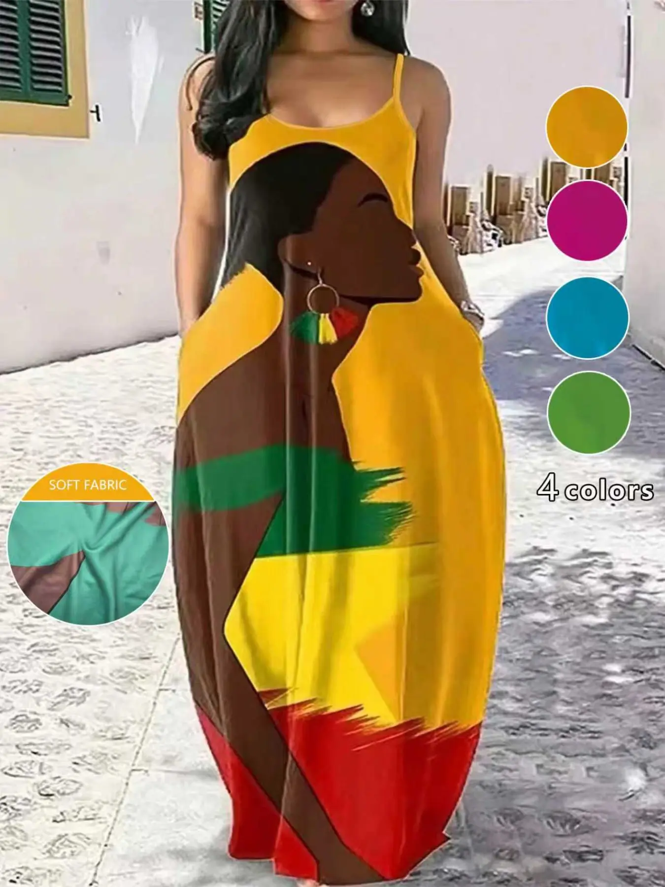 Women's Plus Size Boho Ethnic African Print Long Dress, Casual Loose Fit with Pockets, Summer Beach Maxi Dress, Thin Straps, Bohemian Style Dresses, Boho Summer Dresses