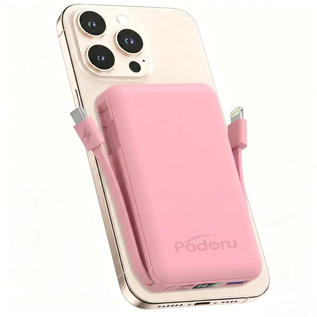Podoru Ultra-Compact Magnetic MagSafe-Style Portable Charger (5000-10000mAh) - 22.5W USB Output, 15W Wireless Fast Charging, Built-in USB-C & Lightning Cables, LED Display, Silicone Case, for iPhone 17-12 Mobile Devices, Phone Accessories
