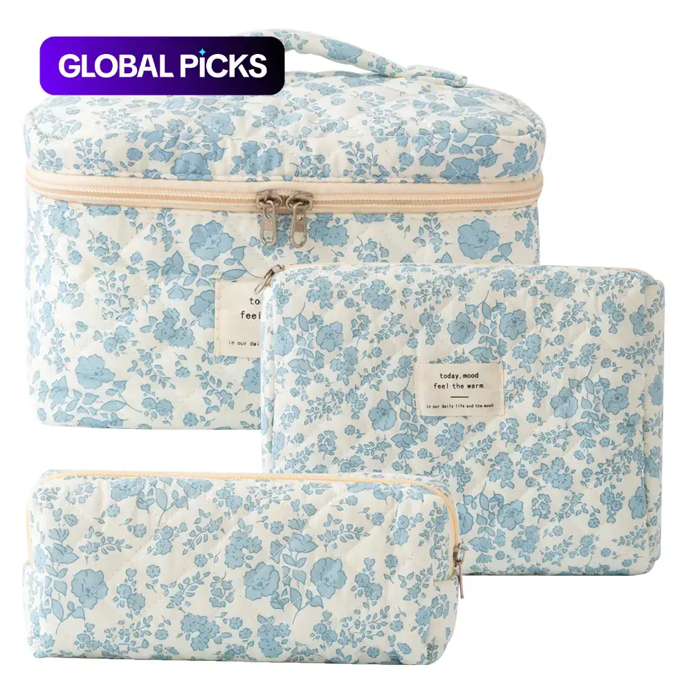 Floral Quilted Makeup Bag Set, 3-Piece Travel Cosmetic Pouch Organizer for Cosmetics & Travel Essentials, Ideal Gift