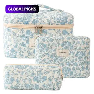 Floral Pattern Quilted Makeup Bag Set, 3 Counts Travel Cosmetic Bags, Portable Zipper Makeup Organizer Pouches, Makeup Storage Bag, for Cosmetics & Skincare, Travel Essentials, Valentine's Day Gift #GLOBAL PICKS