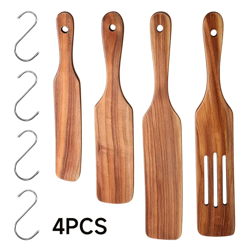 4Pcs Sturdy Natural Wood Spurtle Set with Hanging Hooks, Non-Stick Kitchen Cookware Utensils for Pancakes, Eggs, Stir-Frying