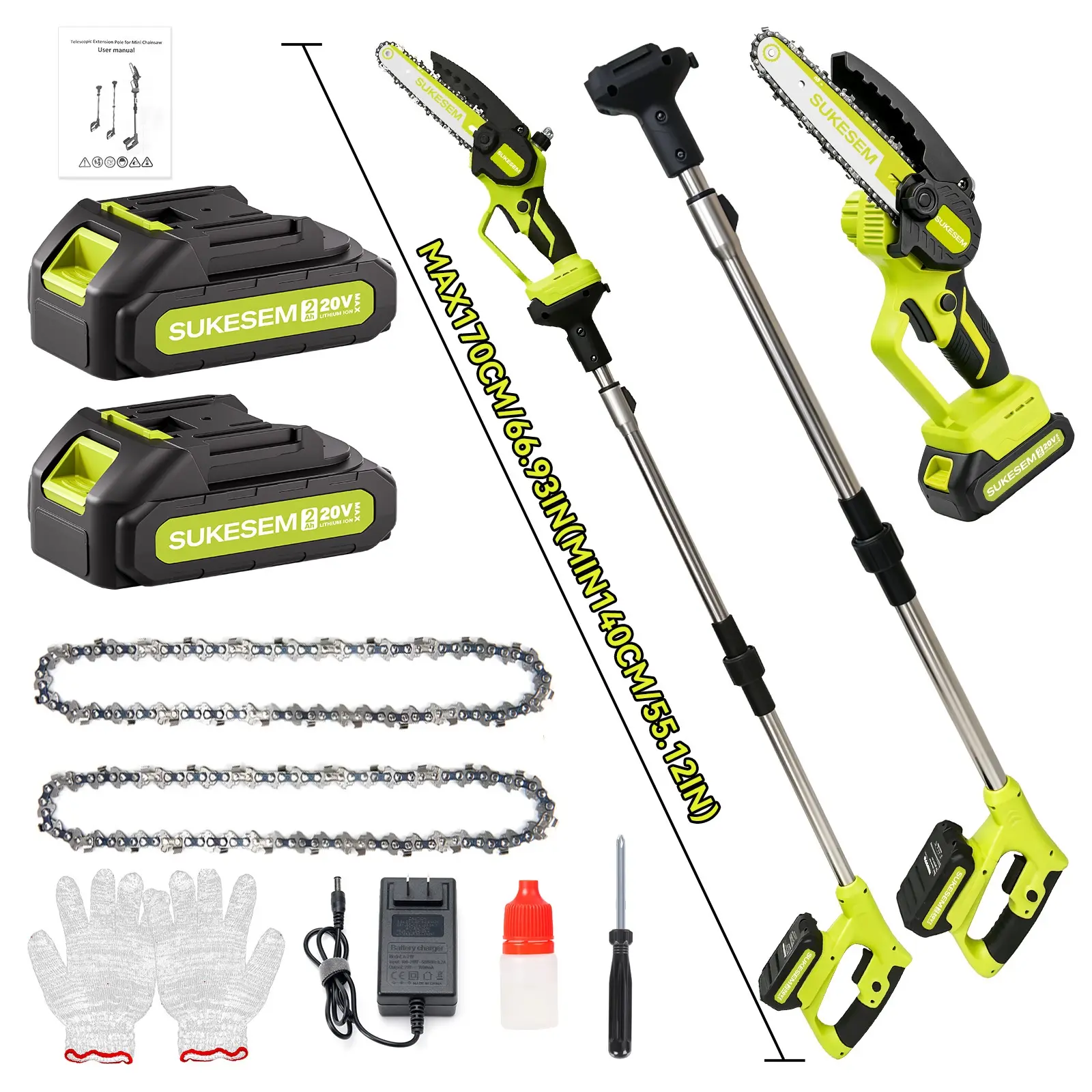 2-in-1 Cordless Pole Saw – 6” Brushless Mini Chainsaw + Extension Pole, Lightweight for Pruning High Tree Branches Without Ladder – Handheld Use