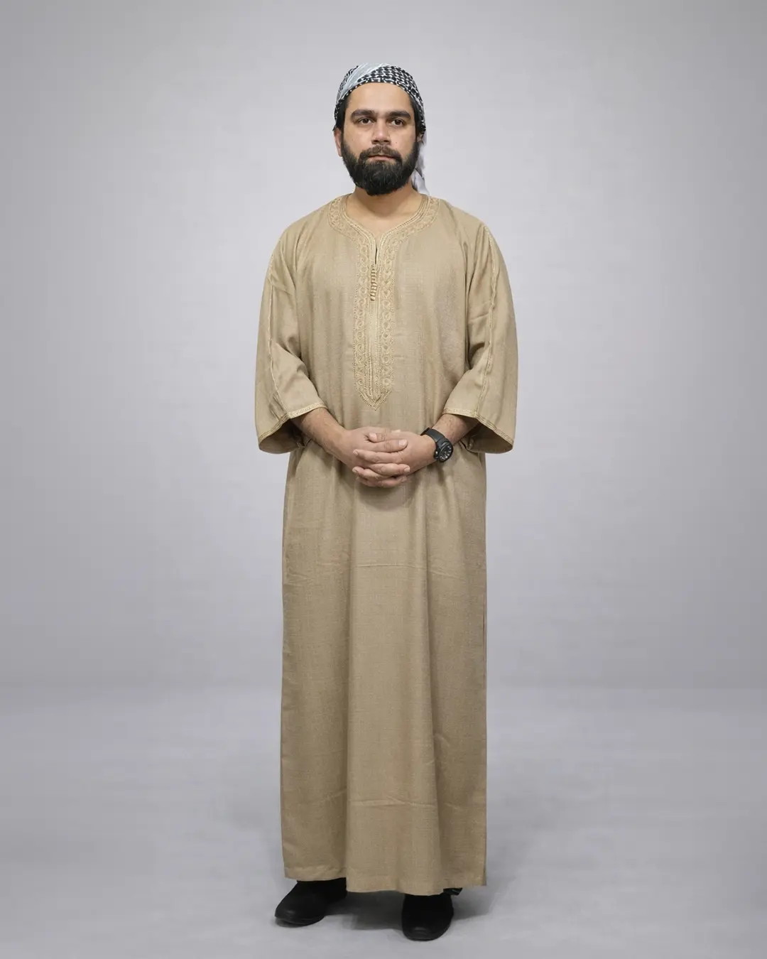 Men’s Moroccan Linen Gandoura – Traditional Islamic Thobe | Premium Beige Gandoura for Eid & Ramadan