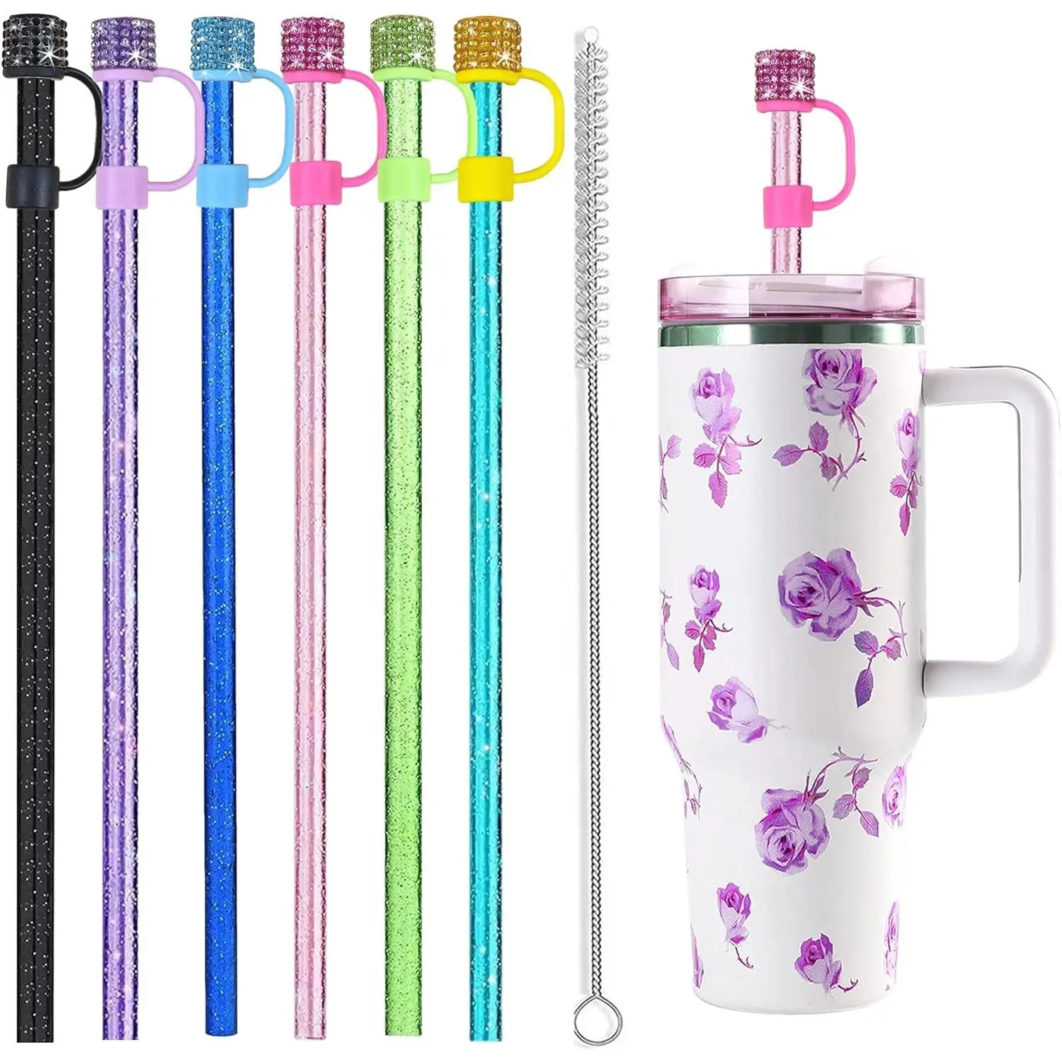 12 Pack Replacement Swirl Straws and  Straw Cover for  Tumbler Cups, with Cleaning Brush, Compatible with 40 oz  Water Jug, 12 inch (Glitter Straws)