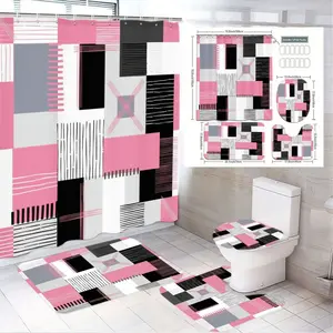 1/4pcs Modern Geometric Bathroom Curtain Set - Pink Black White Striped & Squares Shower Curtain, Matching Bath Mat + Toilet Cover - Perfect for Spring/Summer Decor, Modern Minimalist Home Bathroom Styling, Shower Curtain Sets