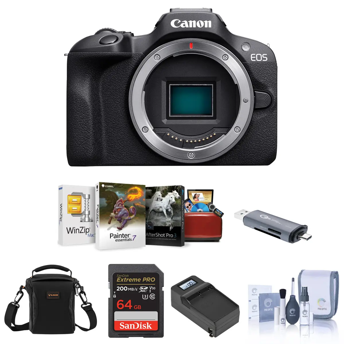 Canon EOS R100 Mirrorless Camera, Bundle with 64GB Memory Card, Smart Charger Base & Software Kit