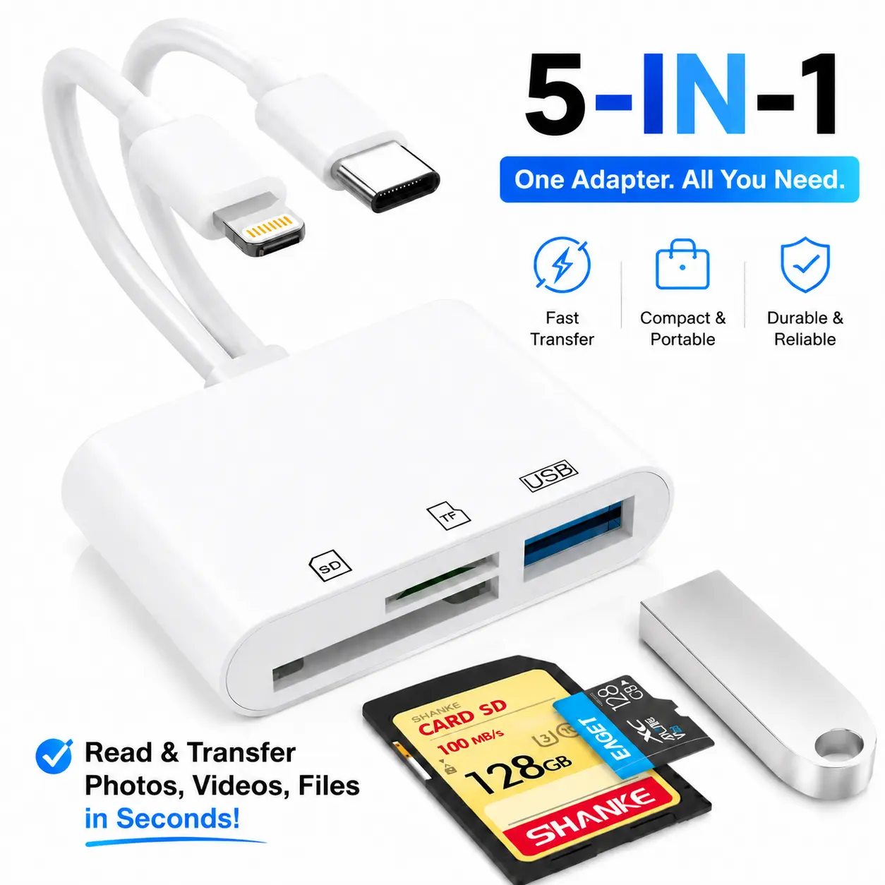 5-in-1 SD Card Reader for iPhone & iPad, Lightning/USB-C Dual Connector Adapter, High-Speed Photo & Video Transfer, Supports SD/MicroSD & USB 3.0, Plug & Play No App Required