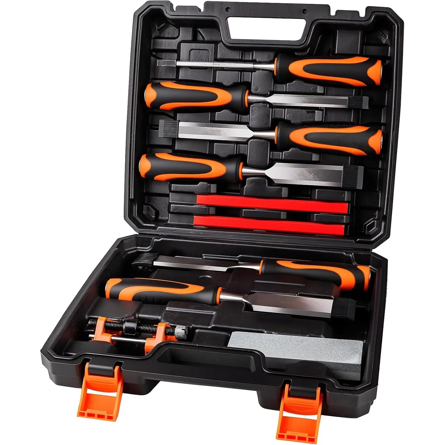 10-piece wood chisel set, 6 high-quality wood chisels equipped with a sharpener, sharpening stone, and carpenter's pencil, suitable for DIY and professional wood carving (6-38 mm)
