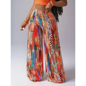Plus Size All-Over Print Wide-Leg Pants, Boho Elastic-Waist Trousers for Daily Wear and Holidays/Vacations, Women’s Bottoms for All Seasons, Lady