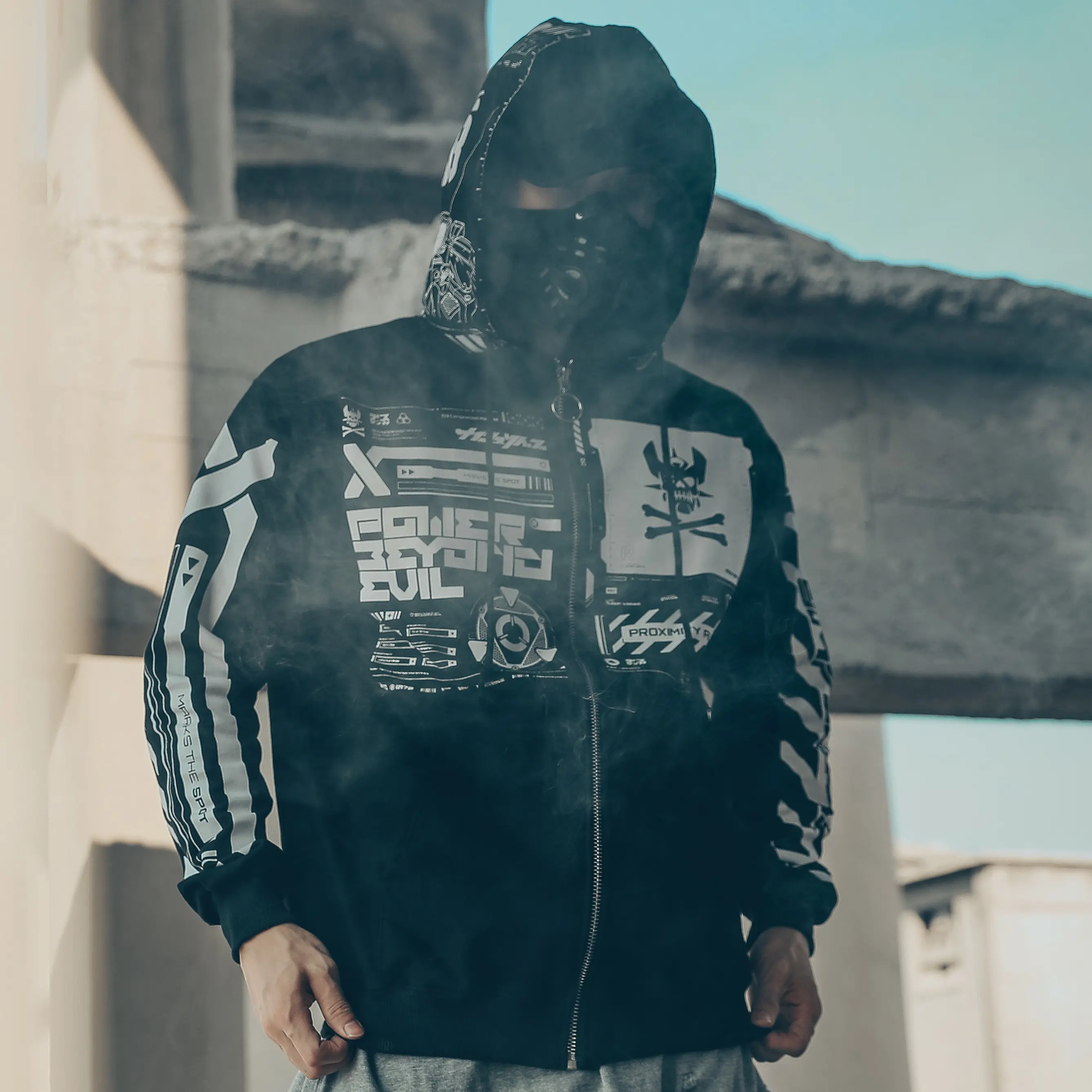 Sim505 Niepce Black Techwear Fashion Cyber Graphic Zip Up Jacket with Hood