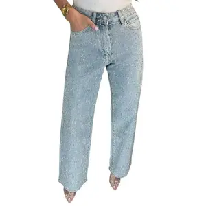 Y2k women's shiny rhinestone jeans, wide leg straight leg full diamond jeans, suitable for women's high street outdoor wear, casual and fashionable bottoms - women's retro style mid waist wide leg jeansRAIMENTRY