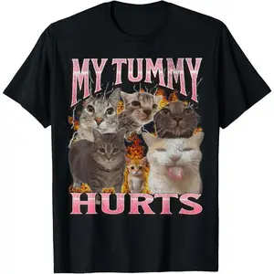Men's 'My Tummy Hurts' Funny Cat Meme T-Shirt, Soft 100% Cotton Short Sleeve Graphic Top, Casual Streetwear Style with a Relaxed Fit for Menswear