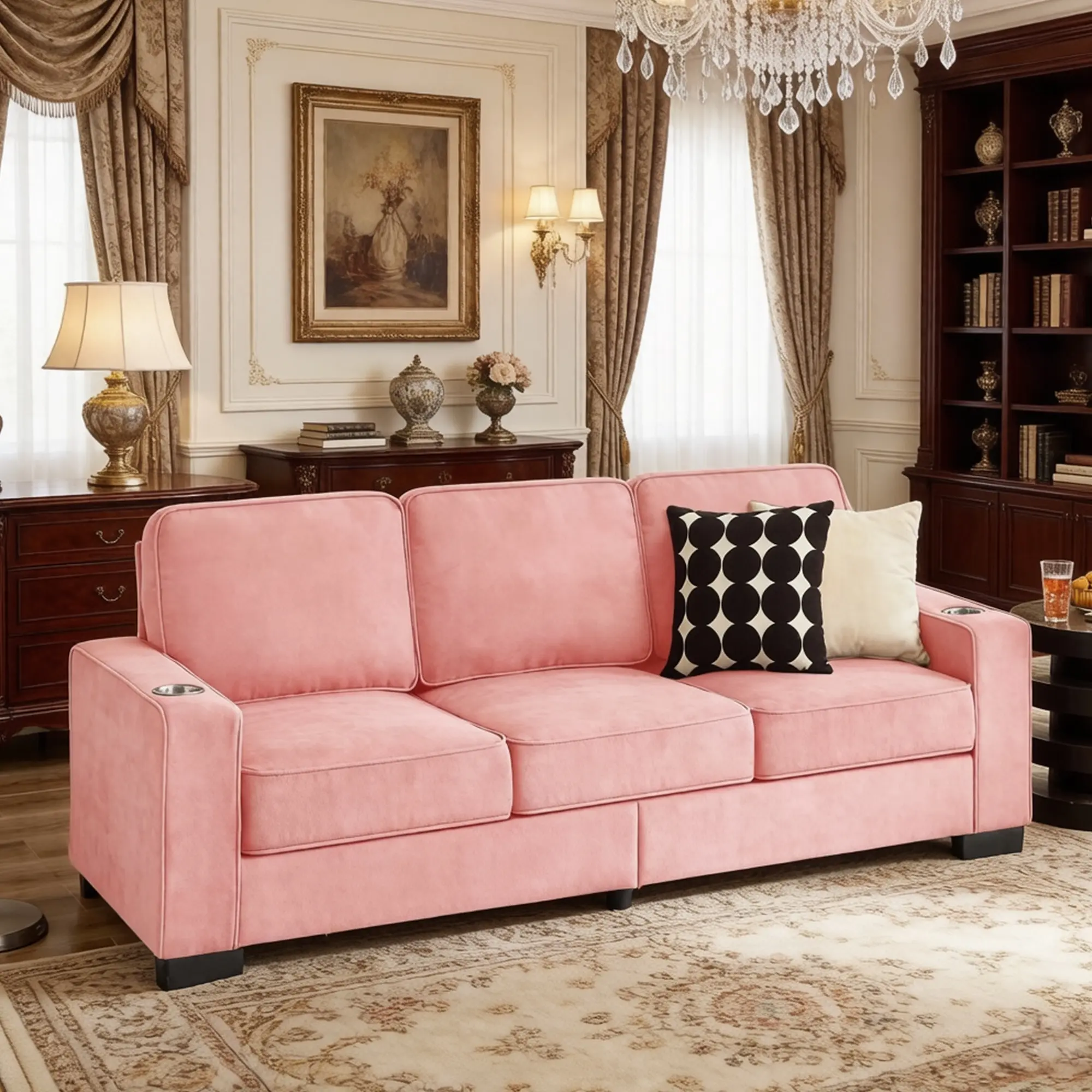 84"Modern Cloud Sofas for Living Room Bedroom, 3 Seat Modular Couch Soft Velvet Upholstered Loveseat Couches with Cupholders for Home Apartment Office Studio,Pink