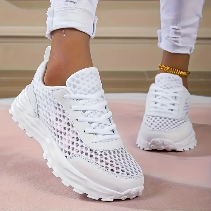 VOLARPISADA Unisex Sporty Chic Mesh Sneakers - Lightweight Cushioned EVA Sole, Low-Top Laces Design, Breathable for Gym, Running & Casual Wear - White Durable Casual Trainers, Modern Sneakers, Fabric, All Seasons, Multi-Sport Use, Foam Sole Casual Trainer