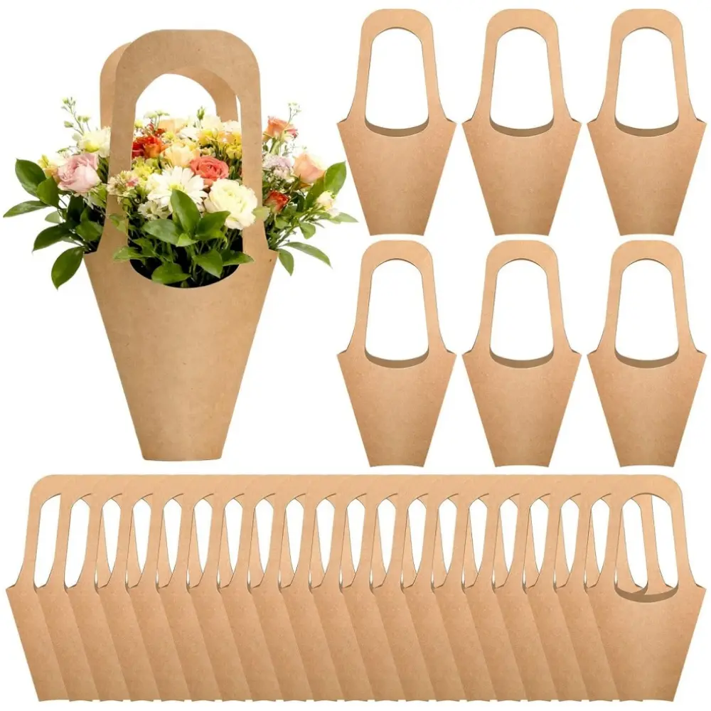 50 piece Kraft Paper Flowers Gift Bags Gift Bags Bouquet Holder Brown Hanging Bouquet Wrapping Bags For Flower Shops, Weddings, Birthday Party