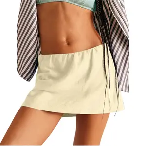 Womens Cotton Linen Skorts Casual Cute A-Line Mini Skirts with Ruffle Inner Waistband Athletic Shorts Activewear