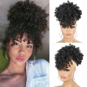 Drawstring Ponytail with Bangs Pineapple Updo Hair for Black Women, Short Kinky Curly Ponytail Bun (1B)