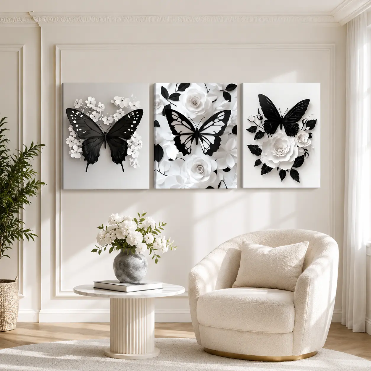 3-Piece Wooden Framed Canvas Hanging Wall Art Sets, Pre-Hung Butterfly-Flower Pattern Print, Modern Dopamine Home Decor for Living Room, Bedroom