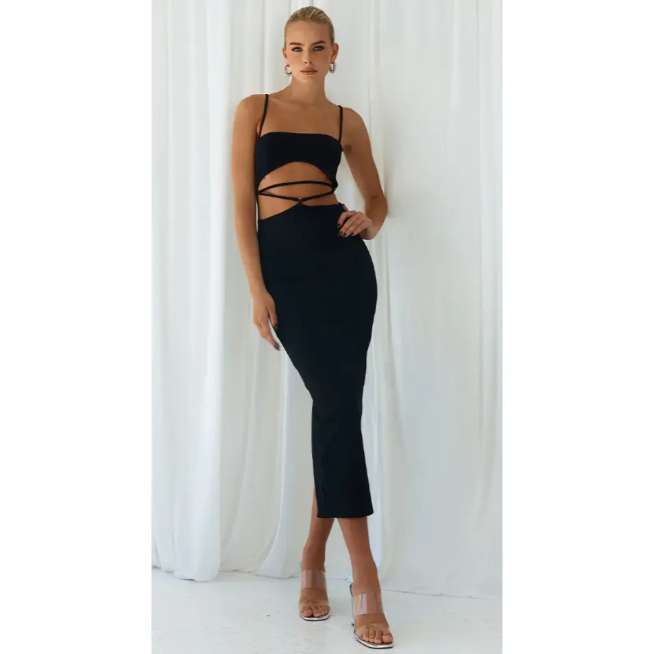The Dragonfly Black Open Waist Modern Midi Dress