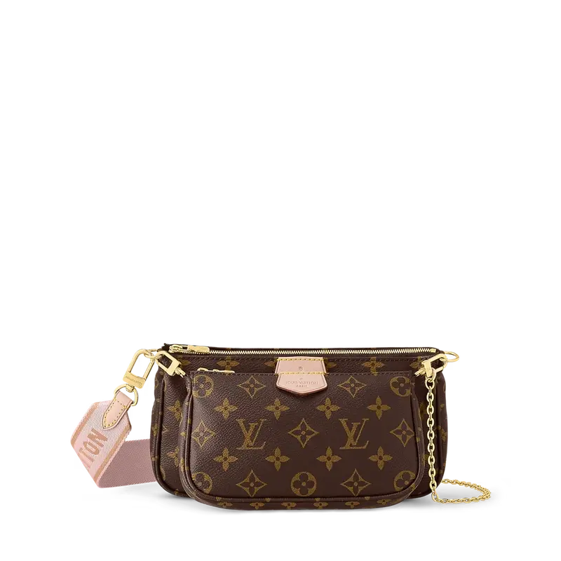 ‮ nottiuV siuoL ‬ Multi-Pȯchette 3-in-1 Crossbody Bag M O N O G R A M Coated Canvas Women's Luxury Shoulder Clutch with Pink Strap.
