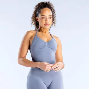 DFYNE Impact Halter Top - Seamless V-Neck Ruched Detail, Highly Stretchable Breathable Fabric, Removable Pads for Custom Support, Ideal for Yoga & Everyday Wear