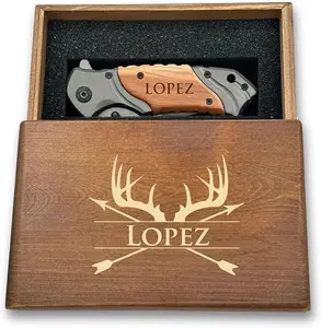 Engraved Pocket Knife For Men, Custom Gift, Personalized Knife With Wooden Box, Folding Knife For Men, Groomsmen Fathers Day christmas Gift (Grey)