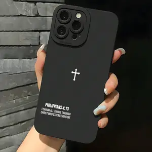 Cross Bible Quotes Christian Aesthetic Phone Case For IPhone 16 11 15 14 13 12 Pro Max XR Plus Black Phone Case, Birthday Christmas Gift, Christian Gift For Women Men Pattern Screen Protector Cover For IPhone13 for iPhone 17