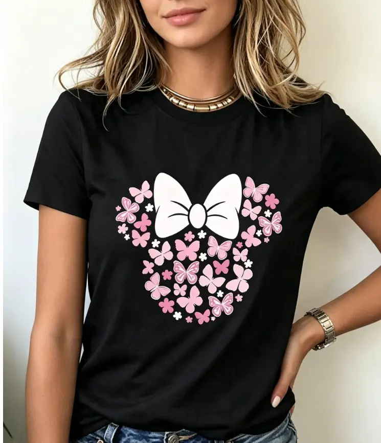 SohoChic Women's Fitted Short-Sleeve T-Shirt - Sweet Floral Butterfly & Bow Print, Everyday Streetwear, Comfortable Breathable Fabric, Round Neck Casual Blouse, Ideal Gift Base Layer