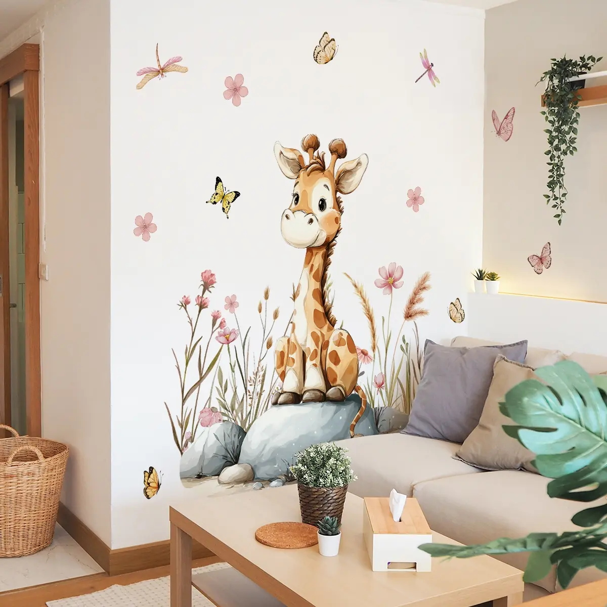 (30*90cm) giraffe, flower cluster, big stone, and butterfly decorative wall sticker for decorating and beautifying the living room, entrance, bathroom, and bedroom. Butterfly Wall Decals. Self-adhesive. M12076-YX