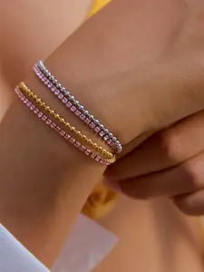 Ladies Bracelet Set Stackable Pink Diamond Claw Bead Chain Double Layer Chain Stainless Steel 18k Gold Plated Waterproof And Anti Allergy Classic Dopamine Style Fashionable Jewelry For Girls Fashion Bracelets