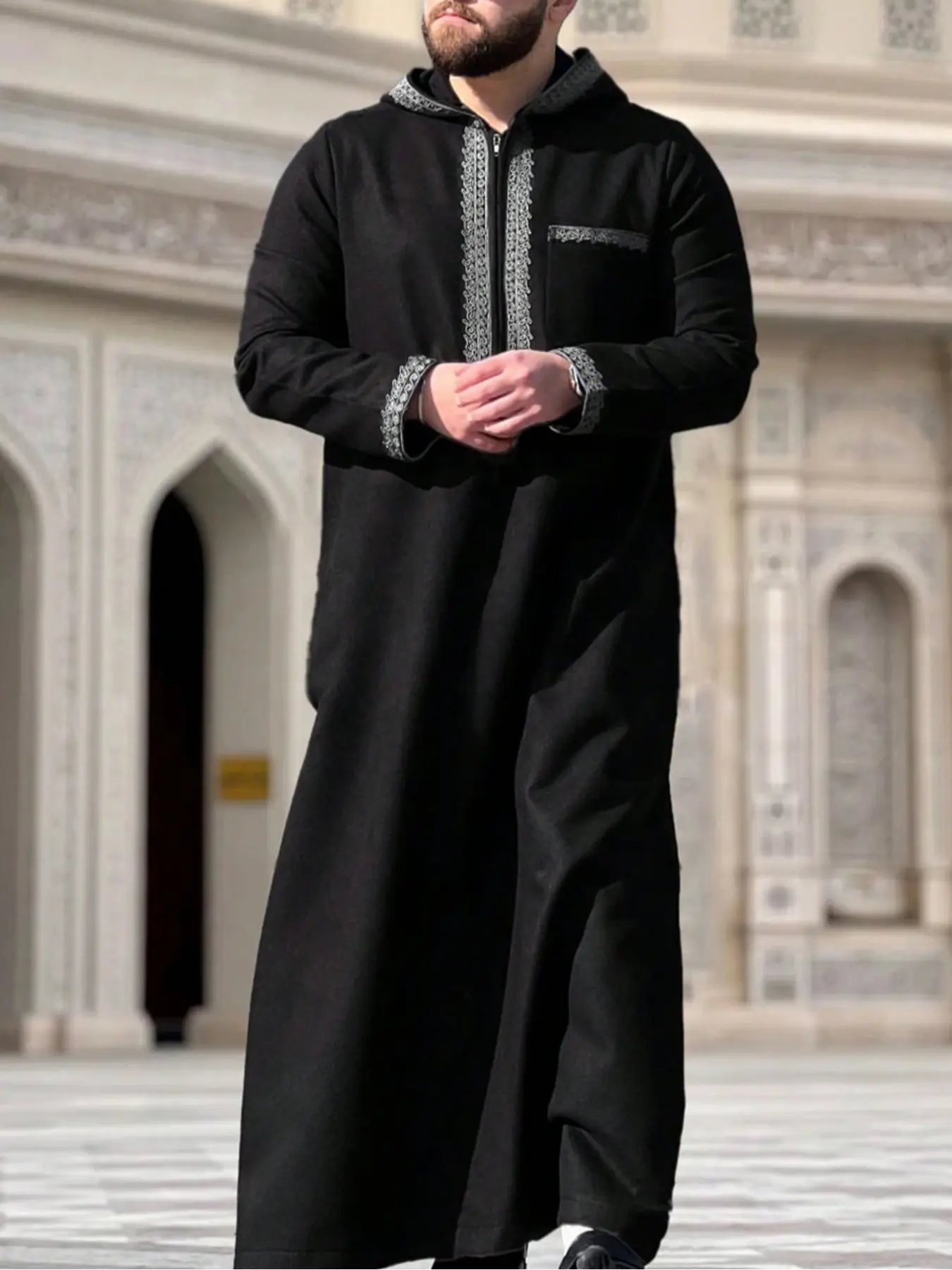 Men's Moroccan Style Long Robe, Loose Fit Hooded Embroidered Jacket with Zipper, Traditional Muslim Islamic Clothing for Prayer & Festivals, Authentic Saudi Thobe