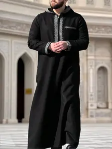 Men's Moroccan Style Long Robe, Loose Fit Hooded Embroidered Jacket with Zipper, Traditional Islamic Clothing for Prayer & Festivals, Authentic Saudi Thobe