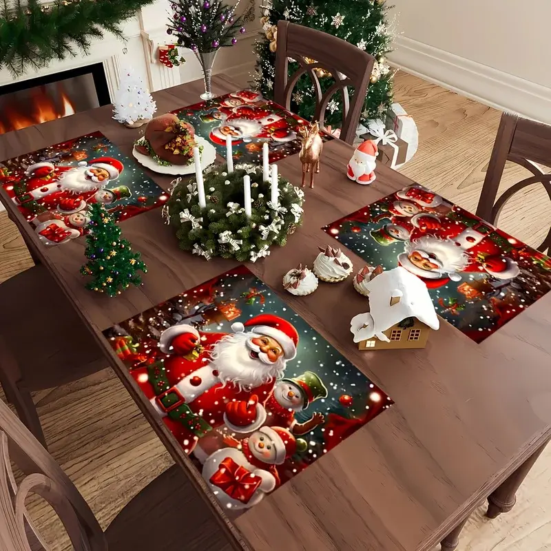 4pcs Red & Golden Christmas Placemats Set with Santa Claus, Snowmen, Reindeer & Bells