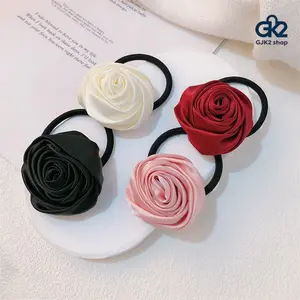 Vintage French Satin Rose Hair Tie, Elegant 3D Floral Ponytail Elastic Scrunchie, Luxury Solid Color Flower Hair Band, Retro Premium Hair Accessories for Women Daily & Dating Hairstyle