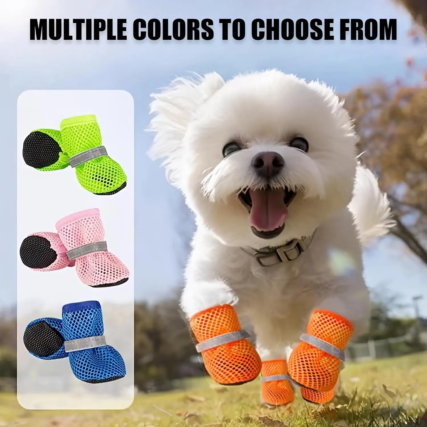 4PCS Small Dog Mesh Fabric Shoes Paw Protectors, Non-Slip Lightweight Outdoor Walking Booties with ReflectiveAdjustable Straps, Reflective Straps hot pavement coldweather protection cute pet accessories petite