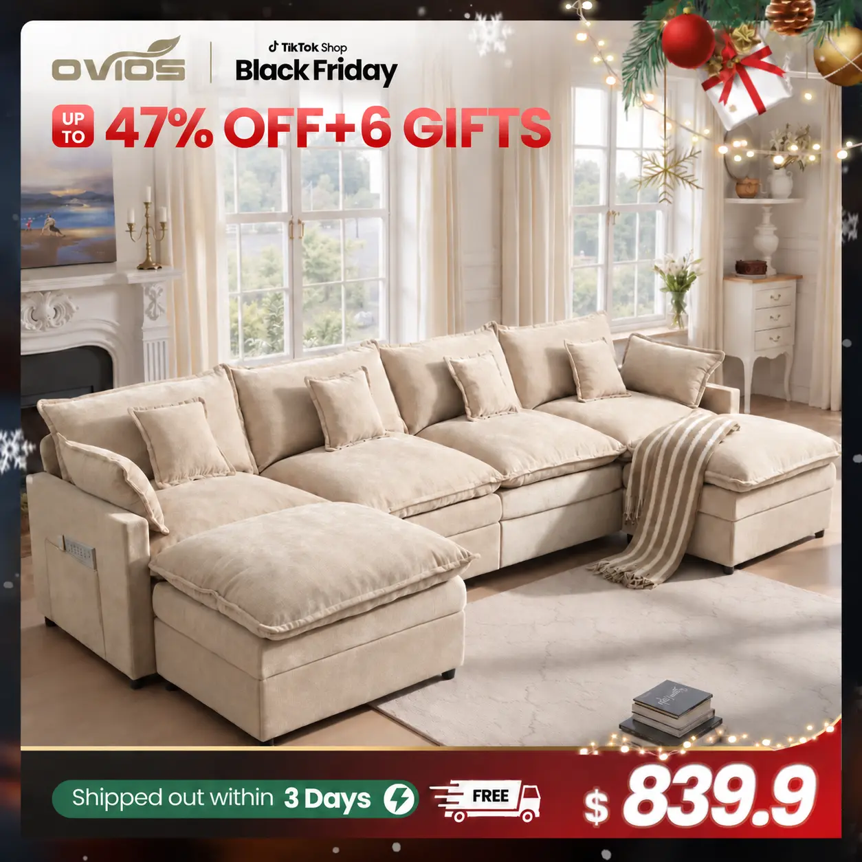 【2/3 Packages Shipping】Ovios 143" U-Shaped Modular Sectional Sofa with 2 Ottomans, Comfy Chenille Cloud Couch, Deep Seat Sofa Bed with 5 Pillows for Living Room, Bedroom & Apartment