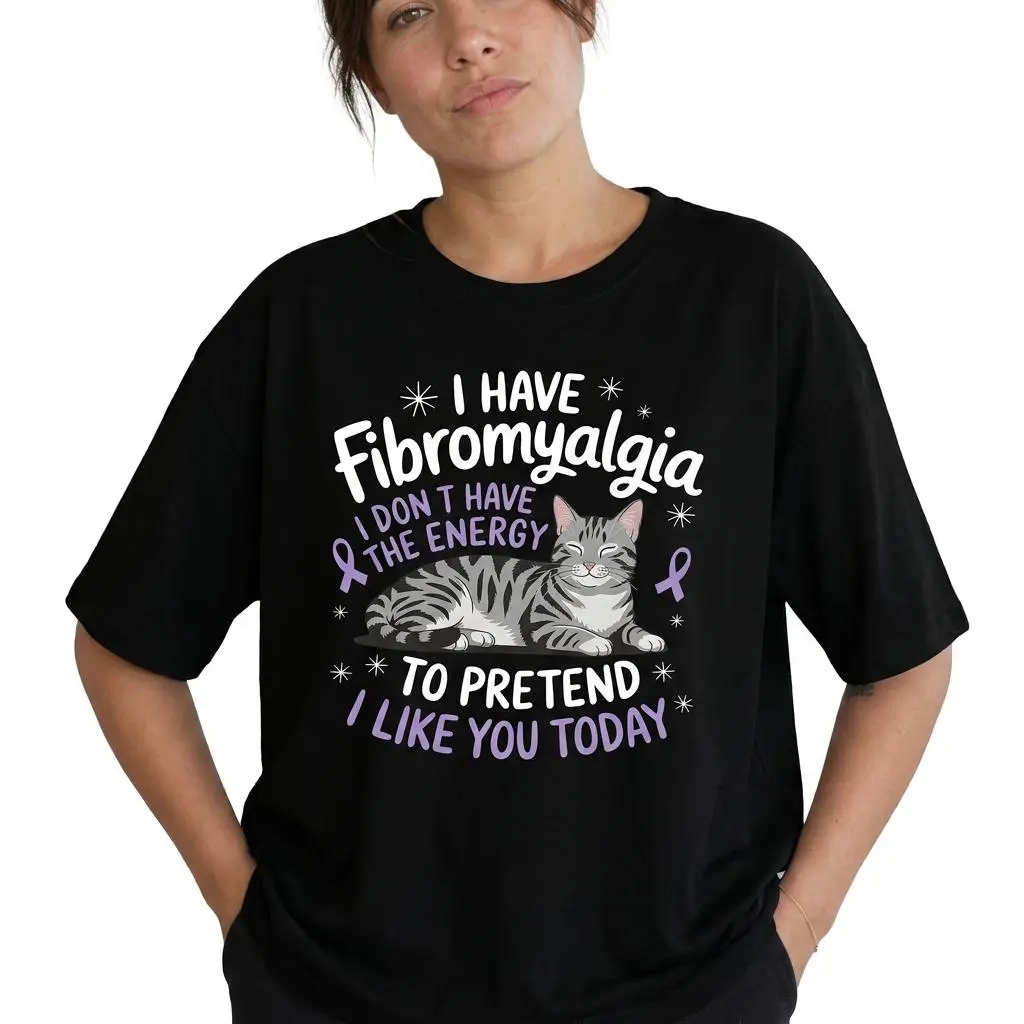 Funny Fibromyalgia Awareness Shirt Women Sarcastic Cat Graphic Tee Plus Size