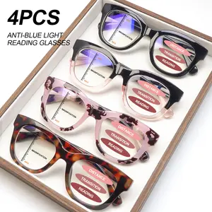 4 Pack Womens Reading Glasses Progressive Multifocal Blue Light Blocking Large Frame Fashion Pattern Spring Hinges Daily Eyeglasses Black Mix Color