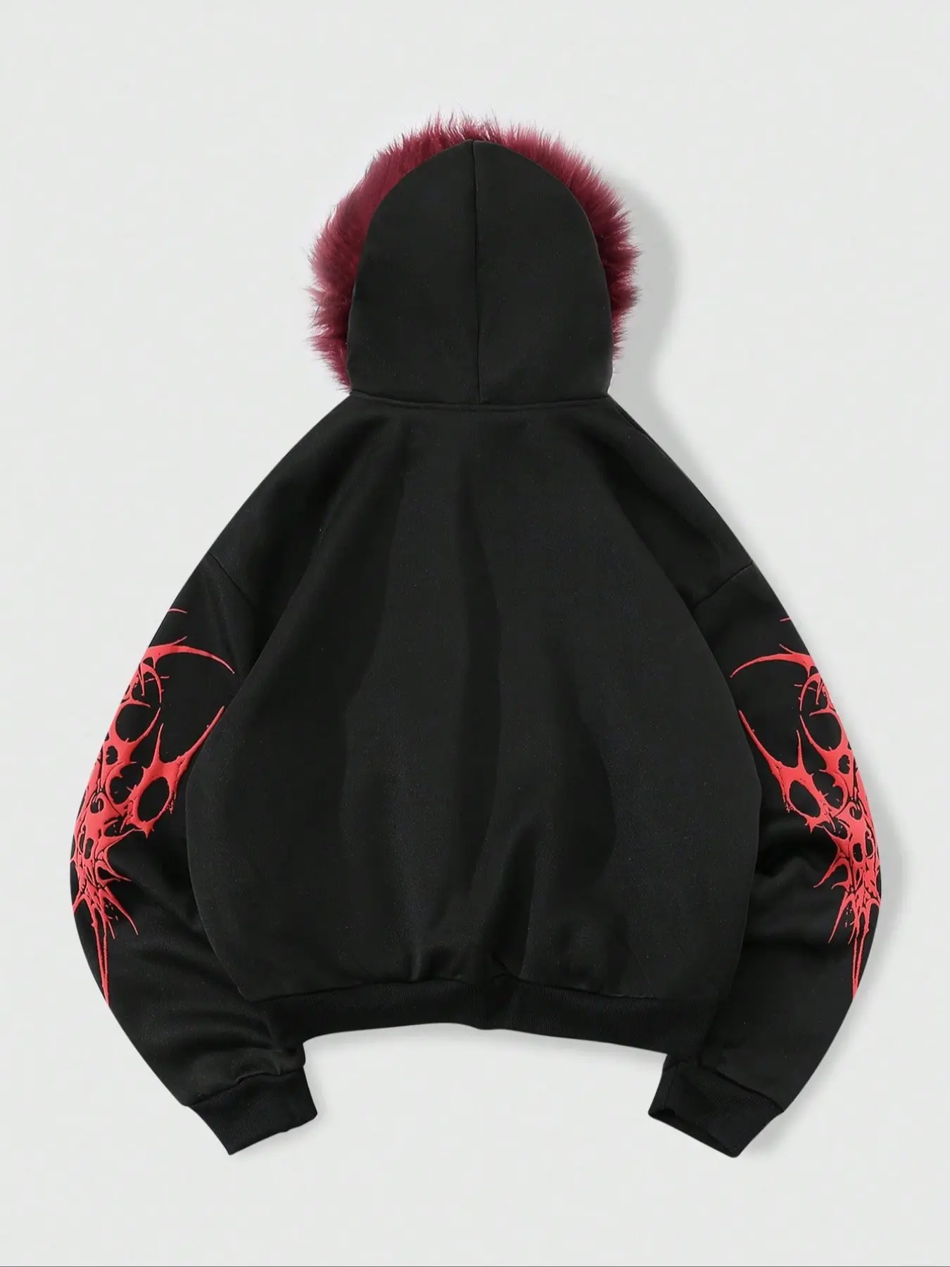 Y2K Cyber Grunge Full Zip Hoodie with Red Furry Hood | Gothic