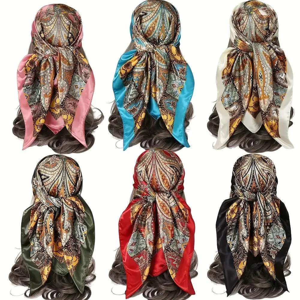 Set of 6 Vintage Satin Square Scarves for Women, Featuring Elegant Polyester with Paisley And Floral Patterns in 6 Distinct Designs And Assorted Colors, Perfect for Both Formal And Casual Events