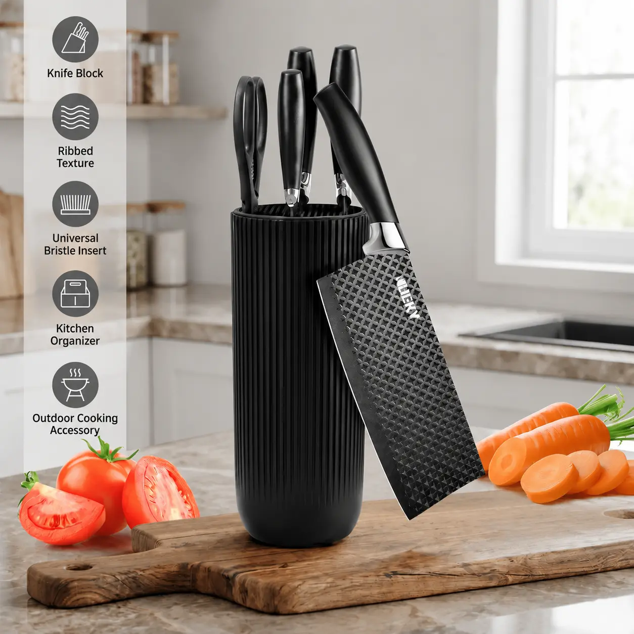 9.05" x 5.1" Slim Knife Block, 410g Lightweight Universal Kitchen Knife Holder with Bristle Insert, Space-Saving Vertical Organizer for Cutlery, Scissors & Cleaver, Anti-Slip Base for Countertop & Outdoor Cooking