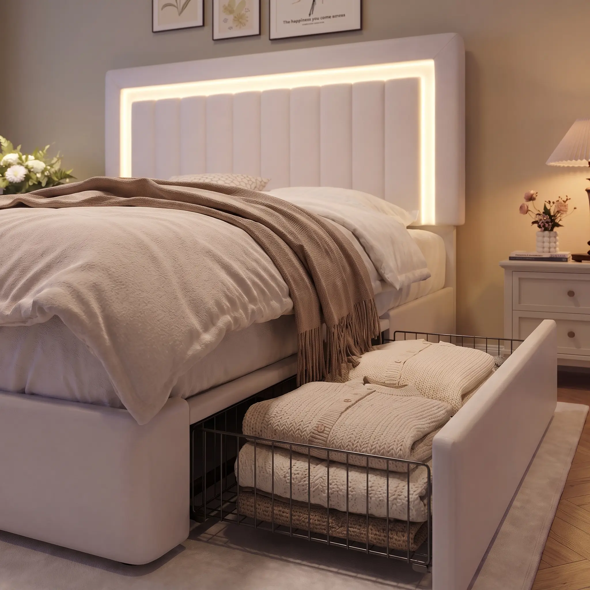HOOMIC Upholstered Bed Frame, Vertical Striped Headboard Built-in Embedded LED Light Strip, Platform Storage Bed with 2 Storage Drawers