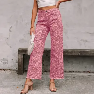 New 2026 High Waist Leopard Print Jeans for Women - Versatile European & American Fashion, Wide Leg Raw Hem Non-Stretch Denim, Brushed Nine-Point Bootcut Stonewash Bottoms